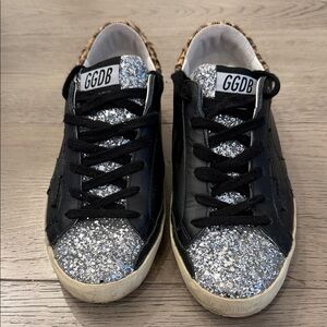 Golden Goose Women’s Black Leather Sneakers with Silver Glitter Toe